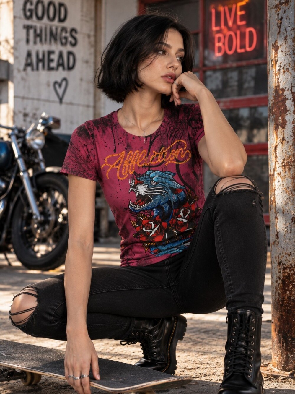 Affliction Black Label Dottie Rose Panther Rhinestone Graphic Tee XS NWT Y2K